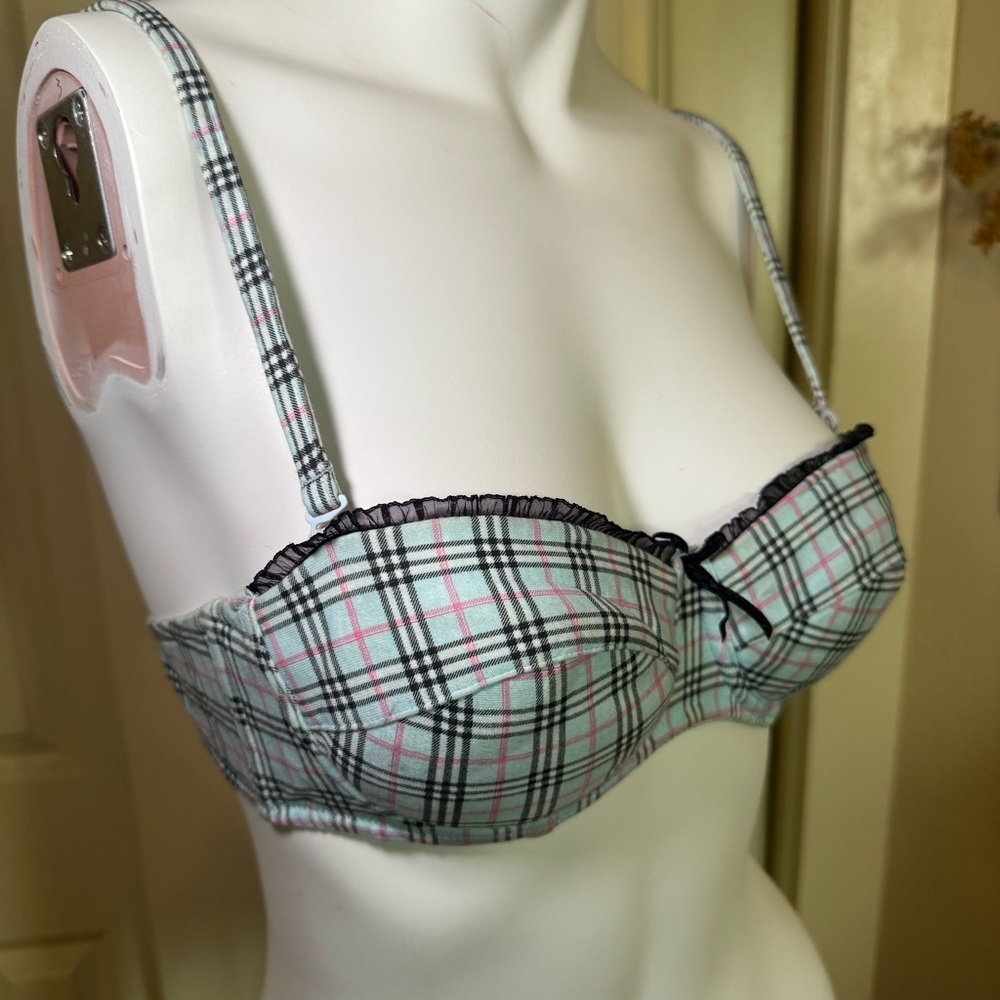 Plaid Underwire Balconette Bra in Blue with Black Trim